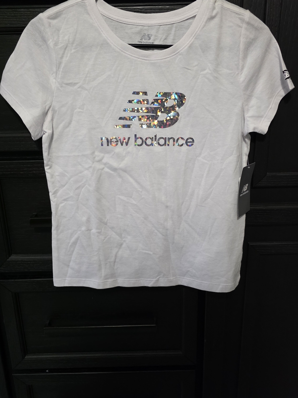 New Balance Girls' White Logo Tee with Iridescent Detail Sz Girls 14/16